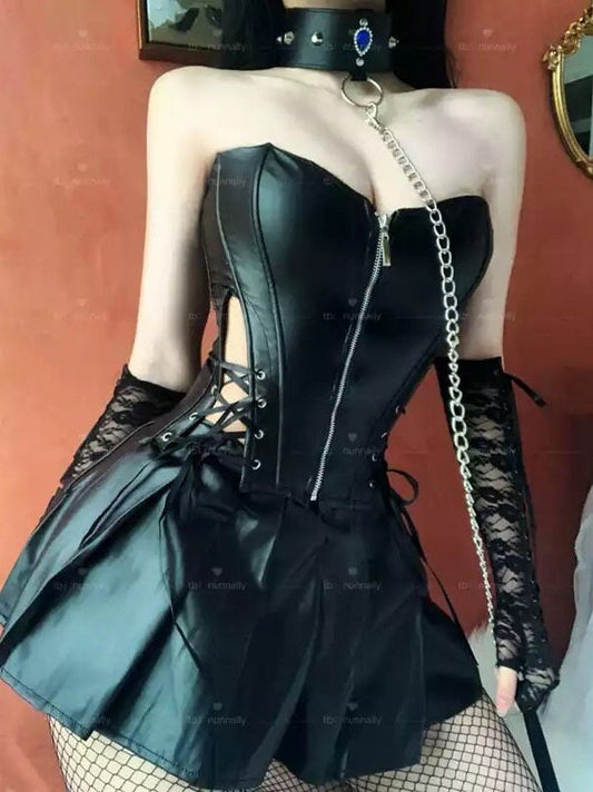 Gothic steampunk faux leather 3 piece mini skirt corset